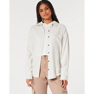 nwot HOLLISTER Relaxed-Fit Soft Flannel Button-Up Shirt in Cream Plaid - Sz. XXL